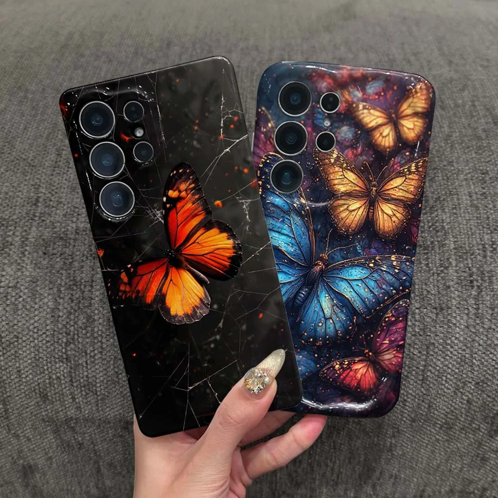 Sparkling Colorful Butterfly Phone Case For Samsung Galaxy S26 S25 S24 S23 Ultra FE Plus Feilini Hard Case Wave Oil Soft Case