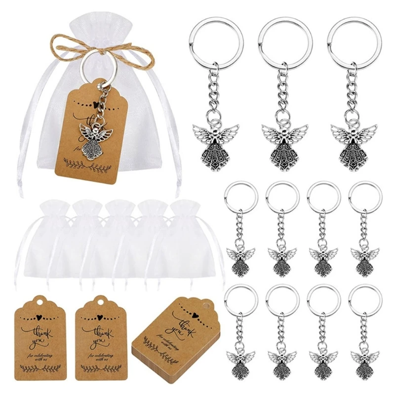 30Pcs/set Angel Pendant Keychain Christening Gift Keyring with Pendant Yarn Bag for Child Shower Christening Party Gift