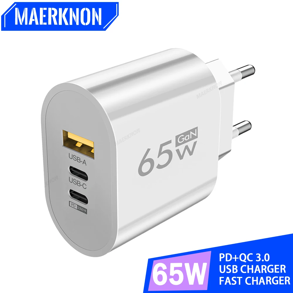 

65W 3 Ports USB Charger PD Type C Quick Charge Phone Charger Adapter For iPhone 14 Pro Xiaomi Samgsung Huawei USB C Wall Charger