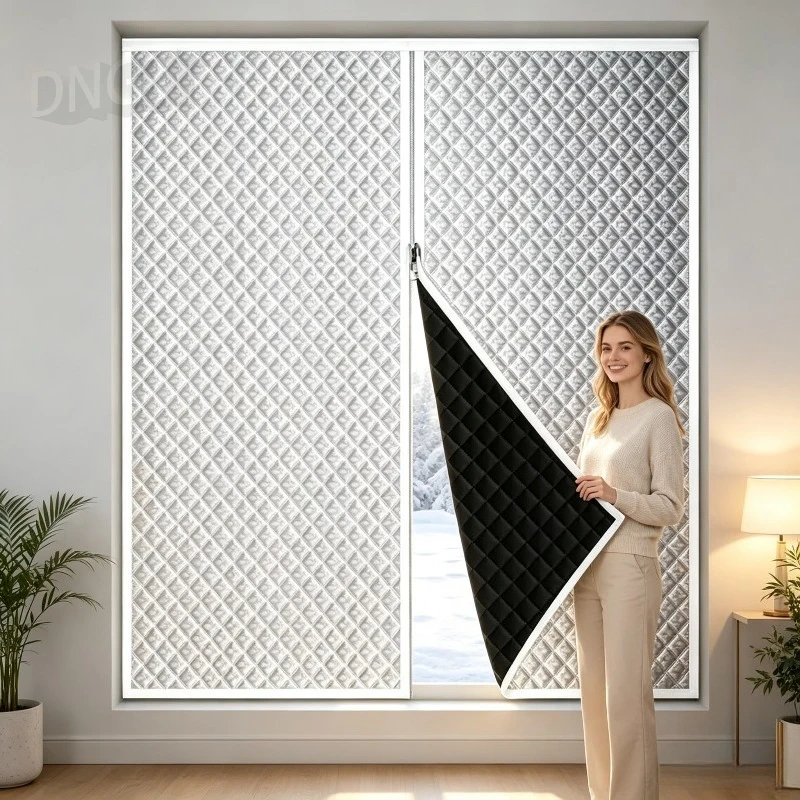 Zipper Thermal Window Insulation Curtain Aluminum Foil Quilted Winter Cold‑Proof Cover Black Reverse Side Velcro No Drilling
