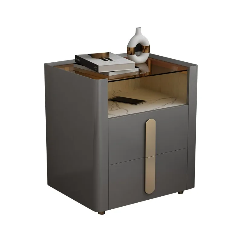 Light luxury bedside table Solid wood bedroom Bedside table Nordic glass rock slab Double countertop Fashion storage cabinet