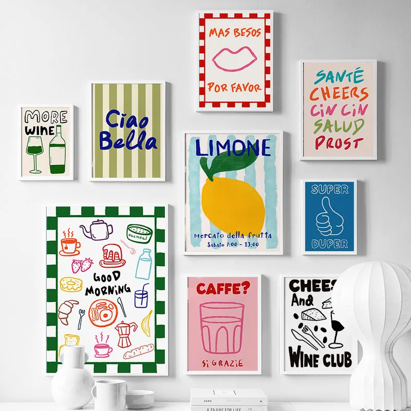 Trendy Coffee Cin Wine Cheers Retro Wine Print Posters Morning Food Print Painting Bar Cart Wall Art Decor Maximalist Room De
