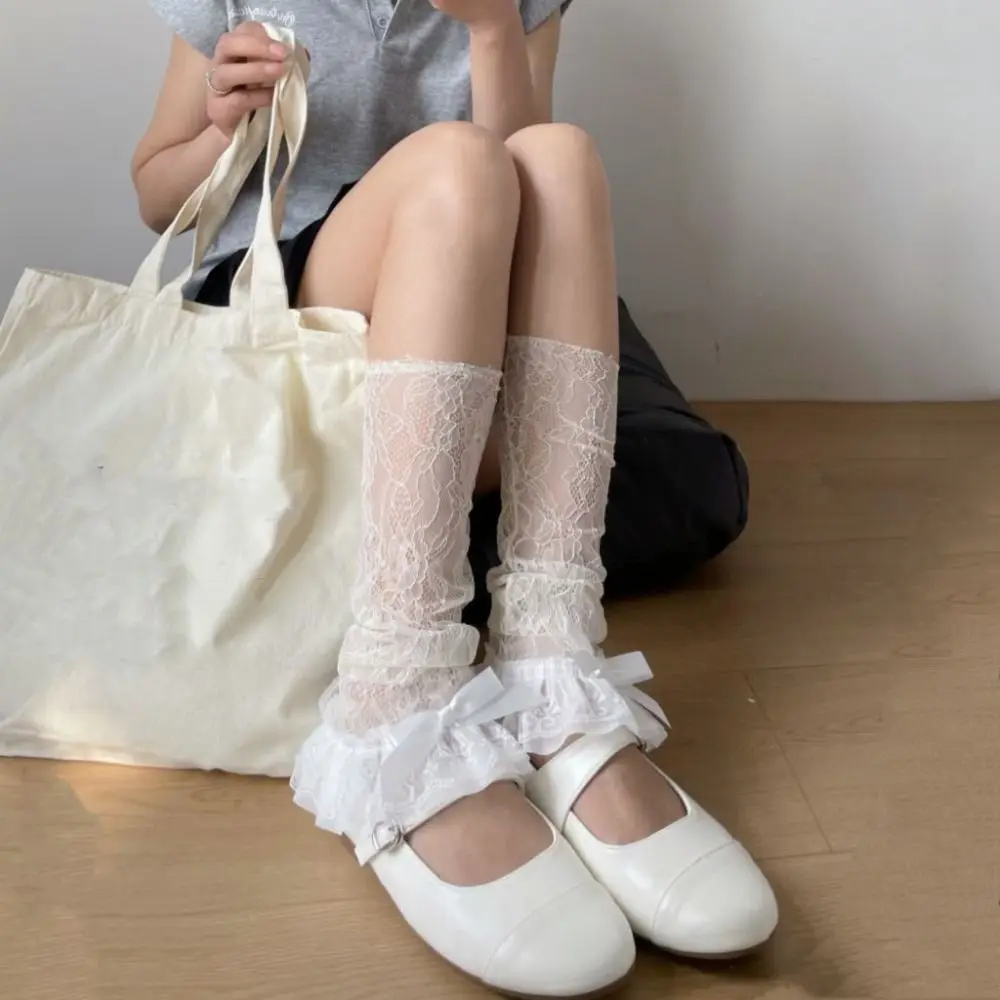 موضة القوس كشكش JK العجل الجوارب الطويلة Y2k الدانتيل الشفاف زهرة جوارب الحلو لوليتا منتصف أنبوب جوارب الربيع الصيف #4