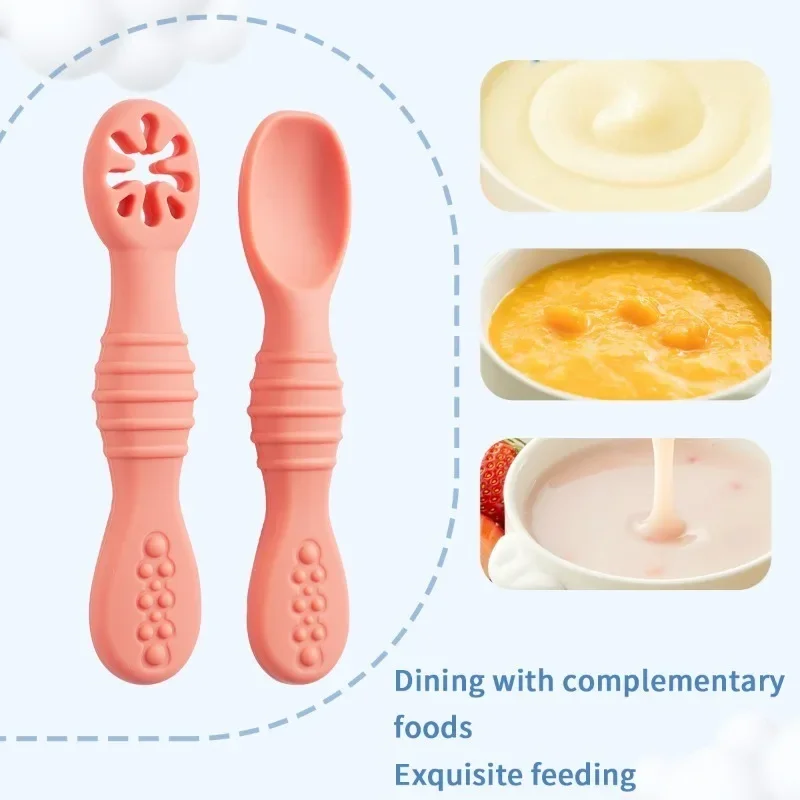 Sendok garpu silikon untuk peralatan bayi Set makanan makan balita belajar makan latihan garpu lembut peralatan makan anak-anak