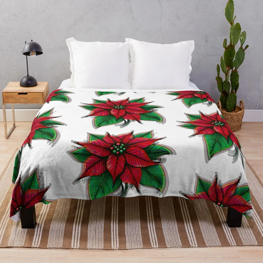 Chromatic Aberration Christmas Poinsettia - Red and Green Doodle Digital Art Throw Blanket Stuffeds Plaid on the sofa Blankets