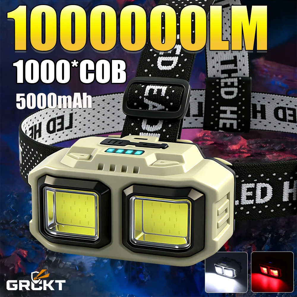 GRCKT 1000*COB Headlamp LED Head Light Camping Fishing Mining Light Lamp Torch Flashlight Waterproof Headlight USB Rechargeable