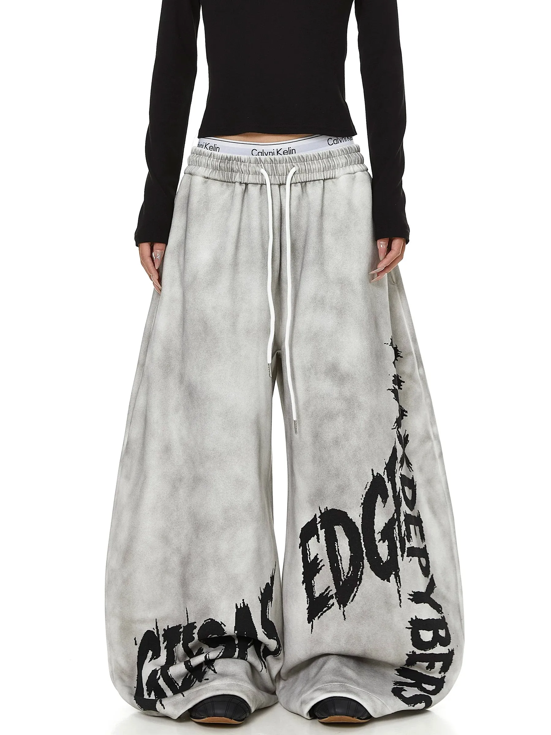 American Style Distressed Letter Print Curved Knife Sweatpants Loose Drapey Street Dance Trendy Brand Loose Wide Leg Long Pants