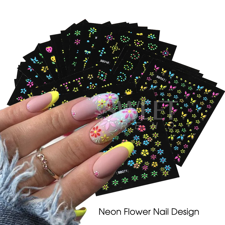 3D Neon Nail Stickers Sets Fluorescence Flower Stars Heart for Children Students Nails Cute Cartoon Design Art Decals Manicure