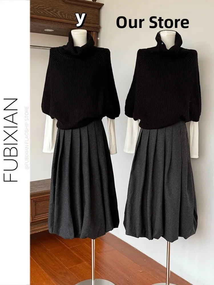 

ay Woolen Gored Skirt High Waist Slimming Versatile Ele Commute Simple Lazy A-Line Fluffy f-length Skirt