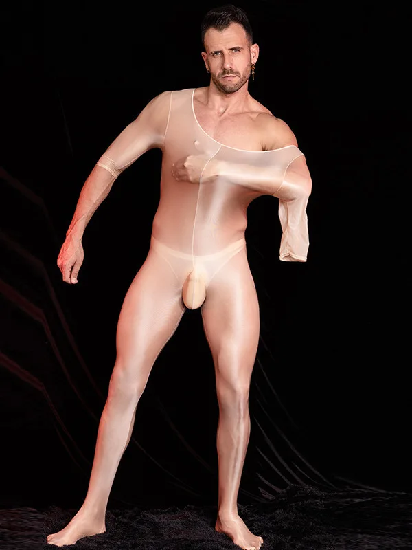 

Europe/America Fashion Sexy Mid Sleeve Round Neck Bodysuits Men's High Elastic Ultra Thin Sheer Solid Color Slim Bodysuits B666