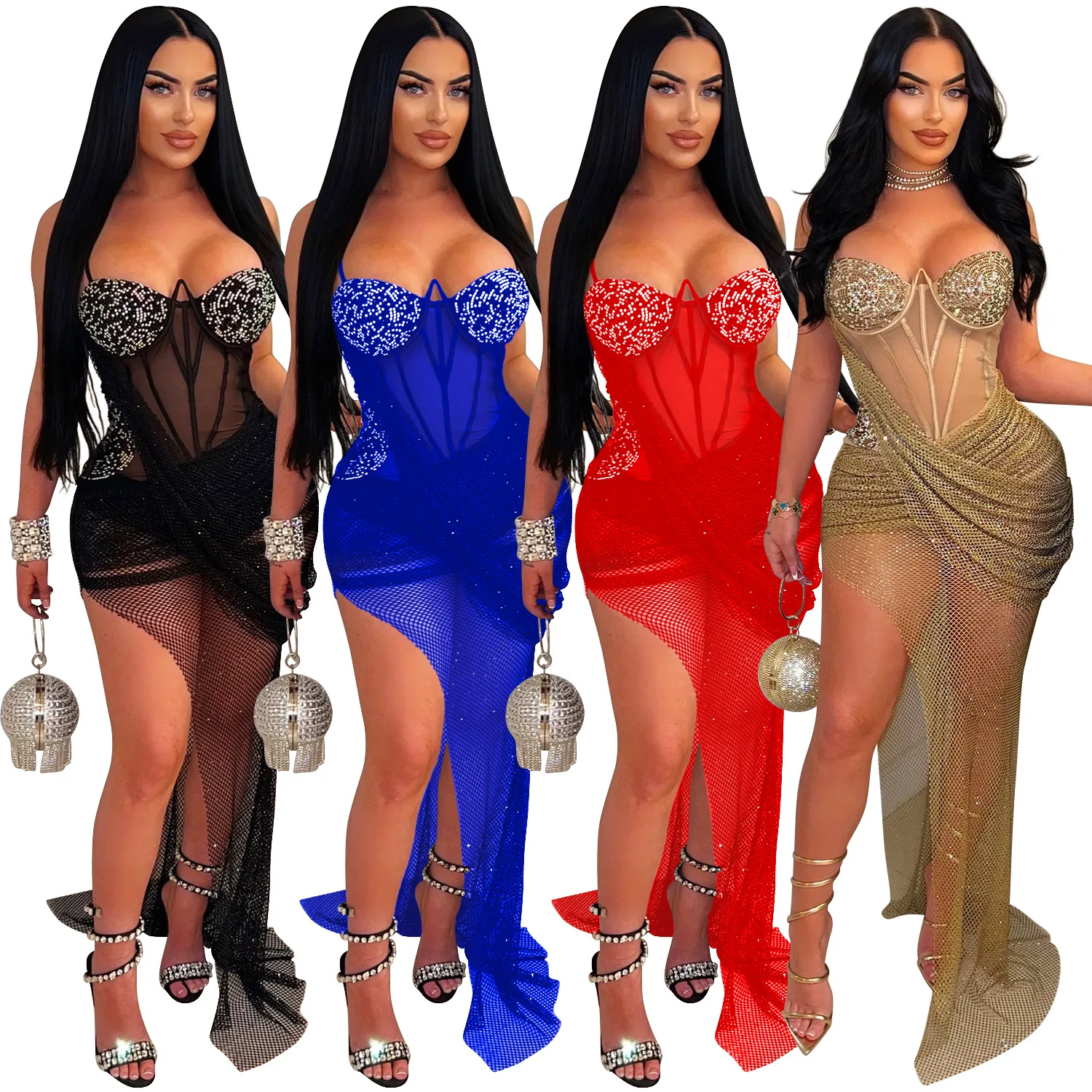 Women Sexy Solid Color Spaghetti Strap Rhinestone Decor Sheer Mesh Irregular Party Dress