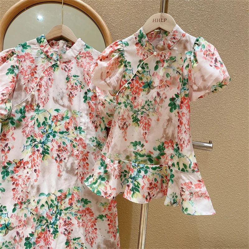 Smoky Rainy Jiangnan Family Outfits Family Matching Outfits Chiffon Puff Sleeve Mandarin Button Qipao Qipao Dress Trend