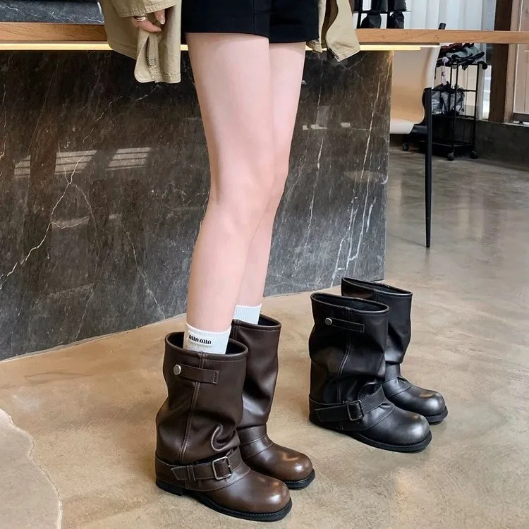 

Women's Boots 2026 Spring and Autumn New Western Cowboy Boots Women's Folded Stacked Boots Retro Fashion Coarse Heel Boots