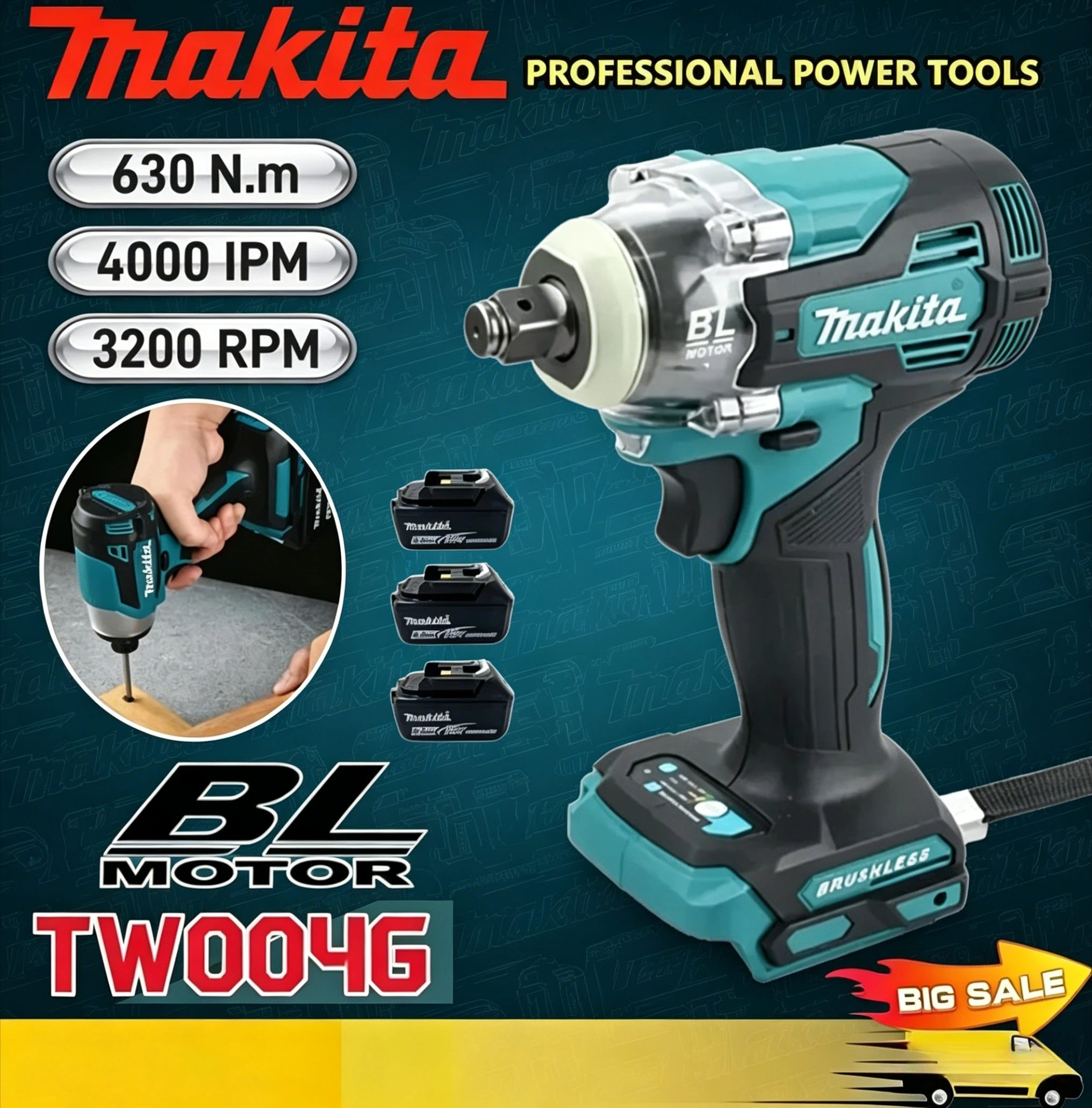 

Бесщеточный ударный гайковерт Makita 18В TW004G, 350Нм, 4000 ударов/мин, патрон 1/2 дюйма для затяжки болтов и гаек