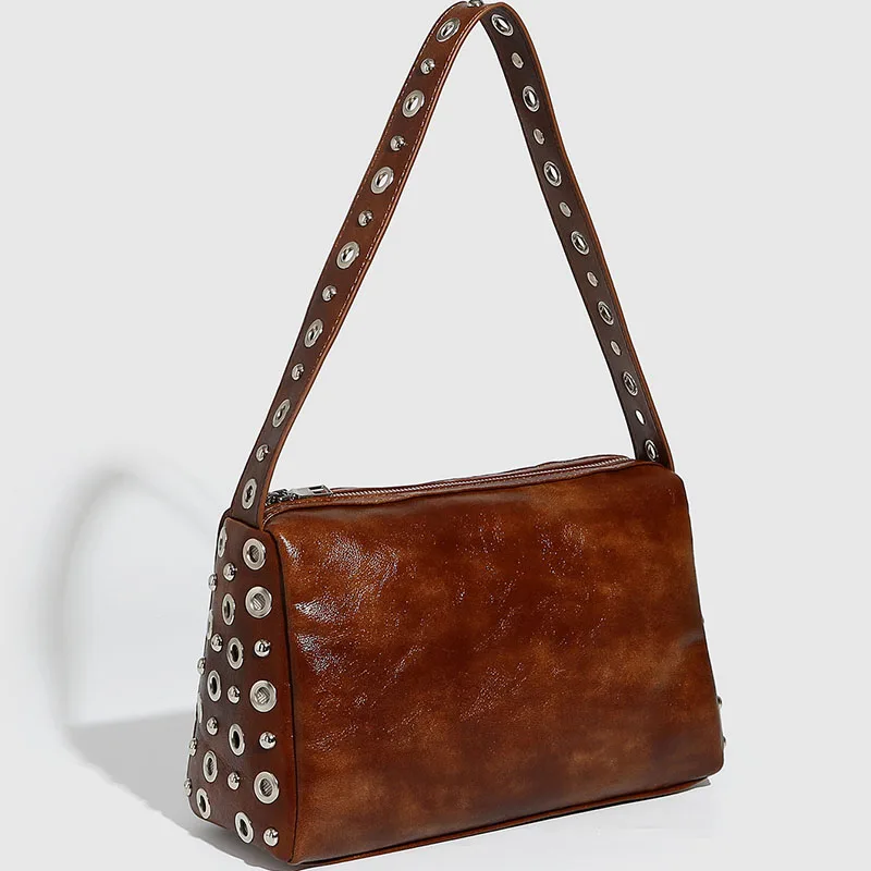 

Punk Hollow Rivet Shoulder Bag High Quality PU Leather Women's Handbags Luxury Designer Bags for Women New Pillow Bag Purses