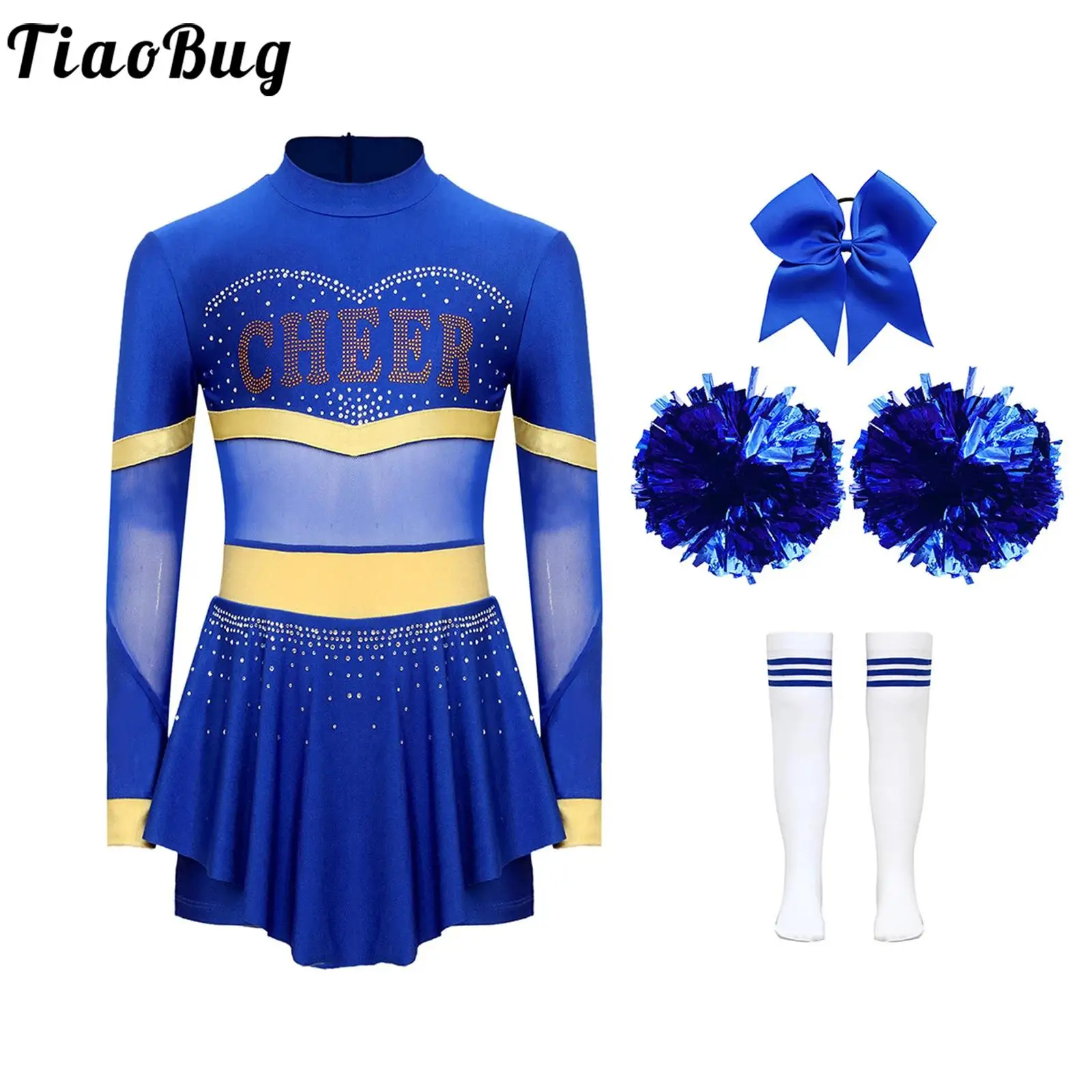 

Girls Cheerleading Outfits Halloween Fancy Dress Cheer Leader Costume Long Sleeve Dance Dress Leotards Dress and Socks Dancewear