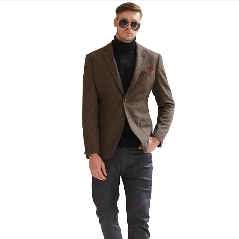 Autumn and Winter Thickeneded Retro Coarse Woolen Suit Business Casual British Style Herringbone Pattern Suit Jacket for Men