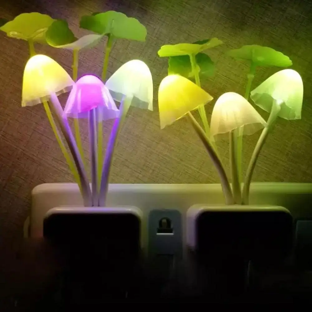 LED Mushroom Night Light Plug in Light Sensor Color Changing Wall Lamp Lotus Leaf Decor for Kids Bedroom Nursery