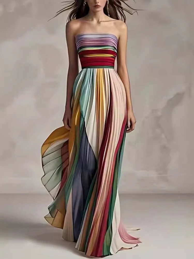 2025 Summer Fashion New Women's Elegant Printed Chest Wrapping Color Blocked A-line Style Irregular Dress