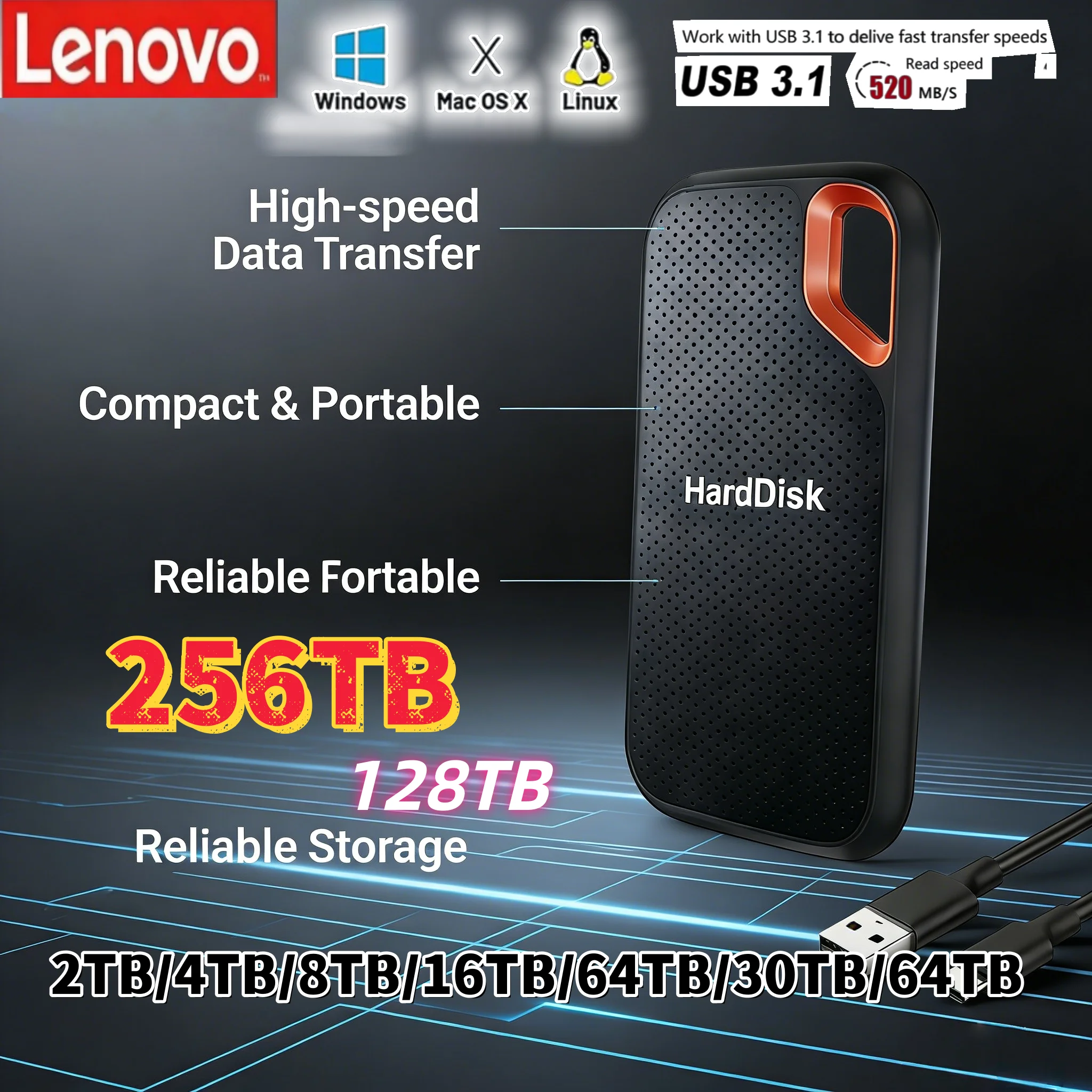 

Внешний SSD-накопитель Lenovo E60 High Speed Mobile USB 3.1, 2 ТБ, 6 ТБ, 8 ТБ, 256 ТБ, портативное хранилище для ноутбуков и PS5