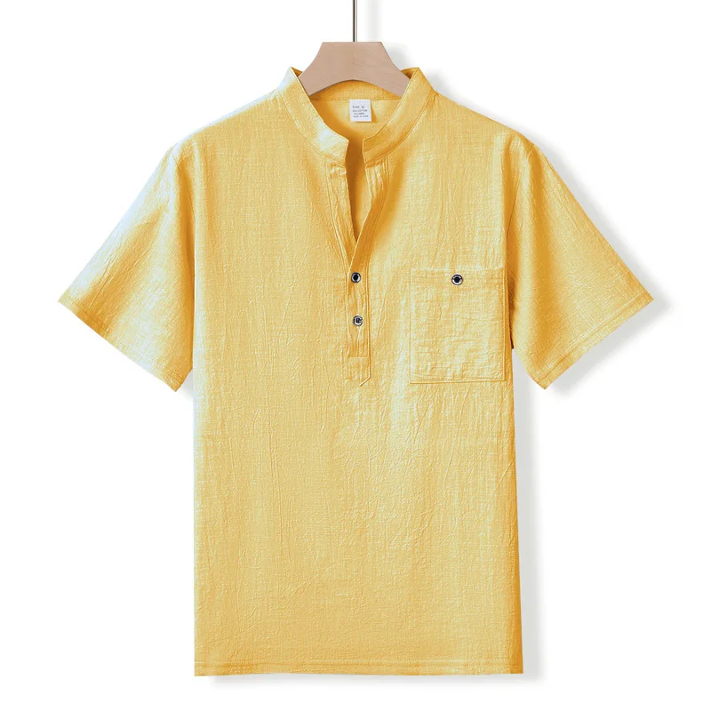 Herren-Henley-Shirt mit Stehkragen, Kurzarm, Baumwoll-Leinen-Mischung, Brusttasche, Atmungsaktiv, Sommer, Alltag, Reise, Strand, Freizeit-Oberteil – Detail 27