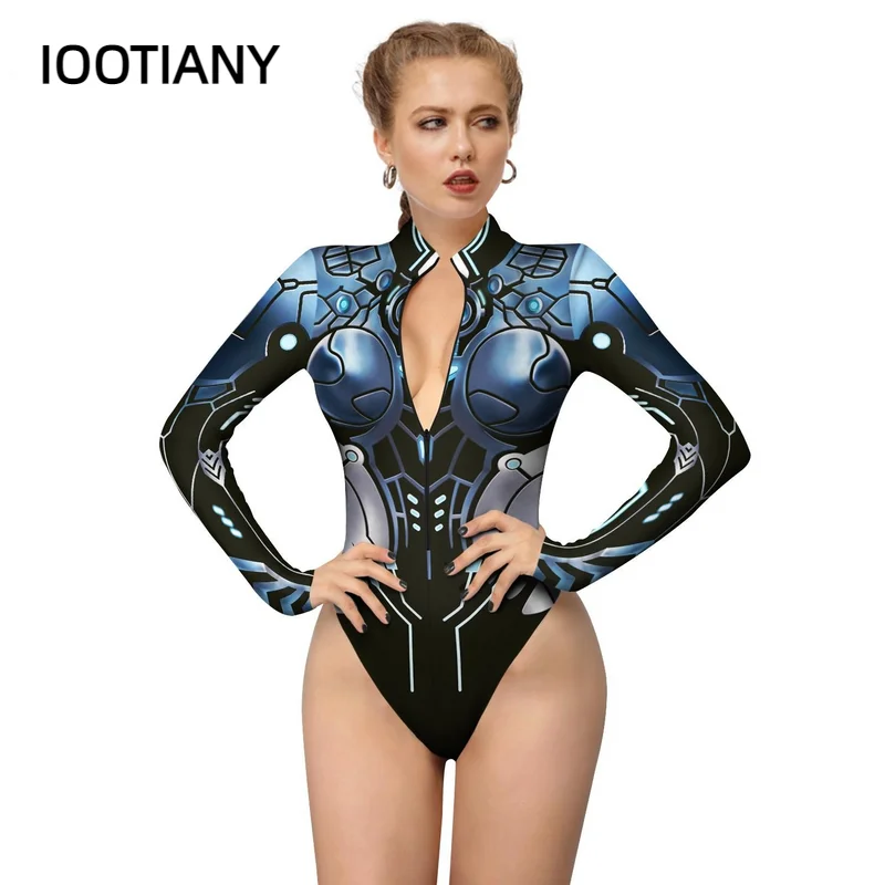 IOOTIANY FASHION Halloween Women Cosplay Robot Punk Printed Zentai One Piece Bodysuits Carnival Punk Performance Costume 2023