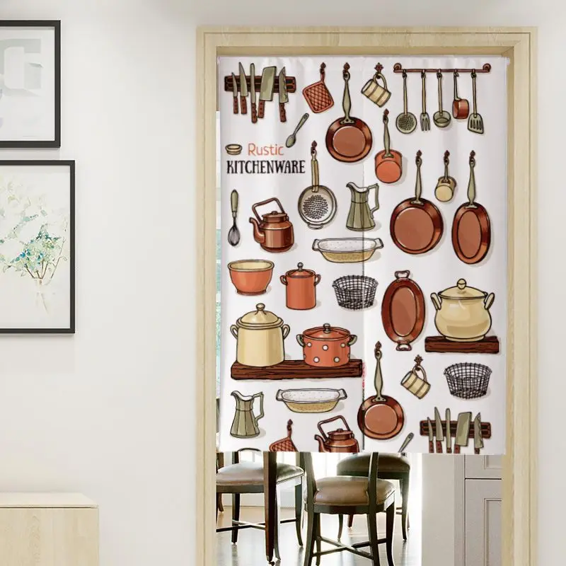 VIKAMA Rustic Kitchenware Pattern Door Curtain White Background Copper Pan Pot Kettle Knife Strainer Cup Text Vintage Linen Soft