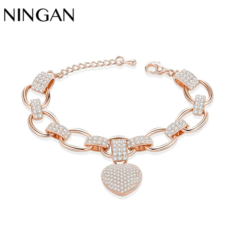 NINGAN Women Heart Pendant Chain Bracelet Fashion Dazzling Crystal Charm Bracelet for Female Girls Gold Hand Jewelry