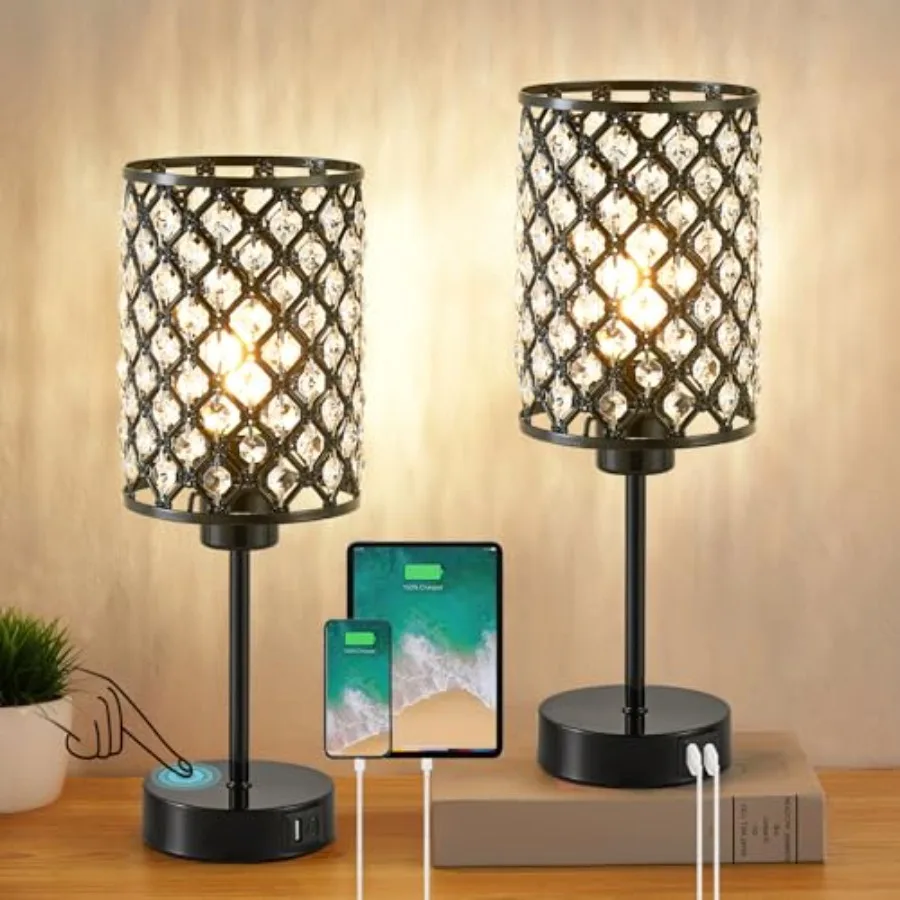 

Touch Control Table Lamp Black Crystal Table Lamps Set of 2 with 2 USB Charging Ports Dimmable Bedside Nightstand Lamps for Liv