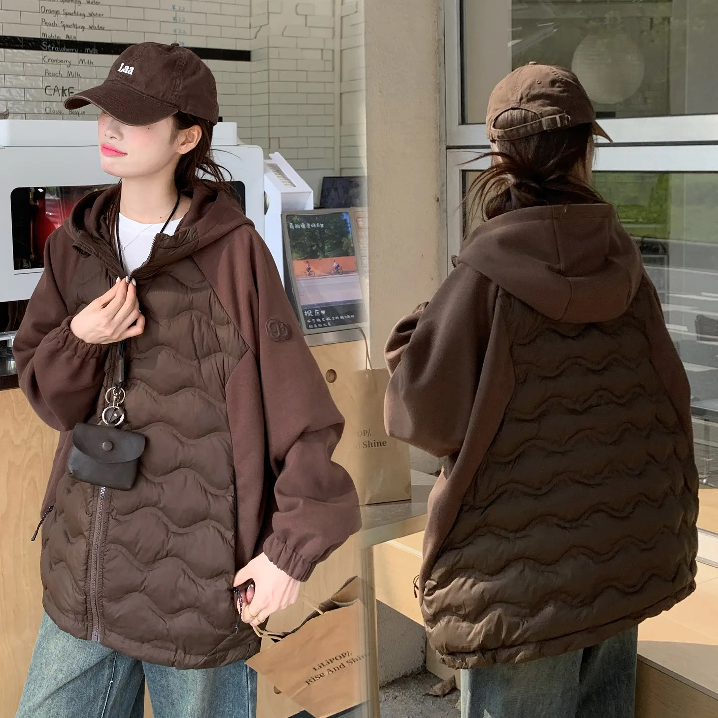 Spliced Short Women Parkas Coats Hooded Overcoats Solid Zipper Long Sleeves Loose Fit Thin Office Lady Casual Autumn Winter 2025