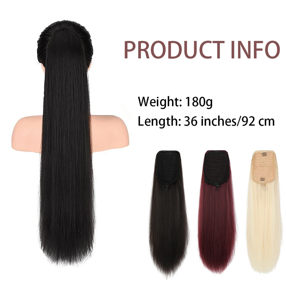 36 inches Black Natural long straight Drawstring Ponytail - Women's Easy-Attach Synthetic Extension for Voluminous Look