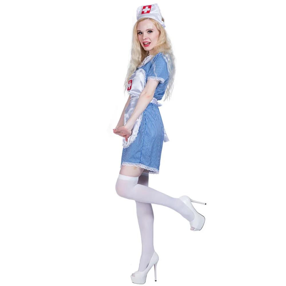 Women Nurse Cosplay Dresses Adult Halloween Sexy Striped Doctor Costume Carnival Easter Purim Fancy Dress