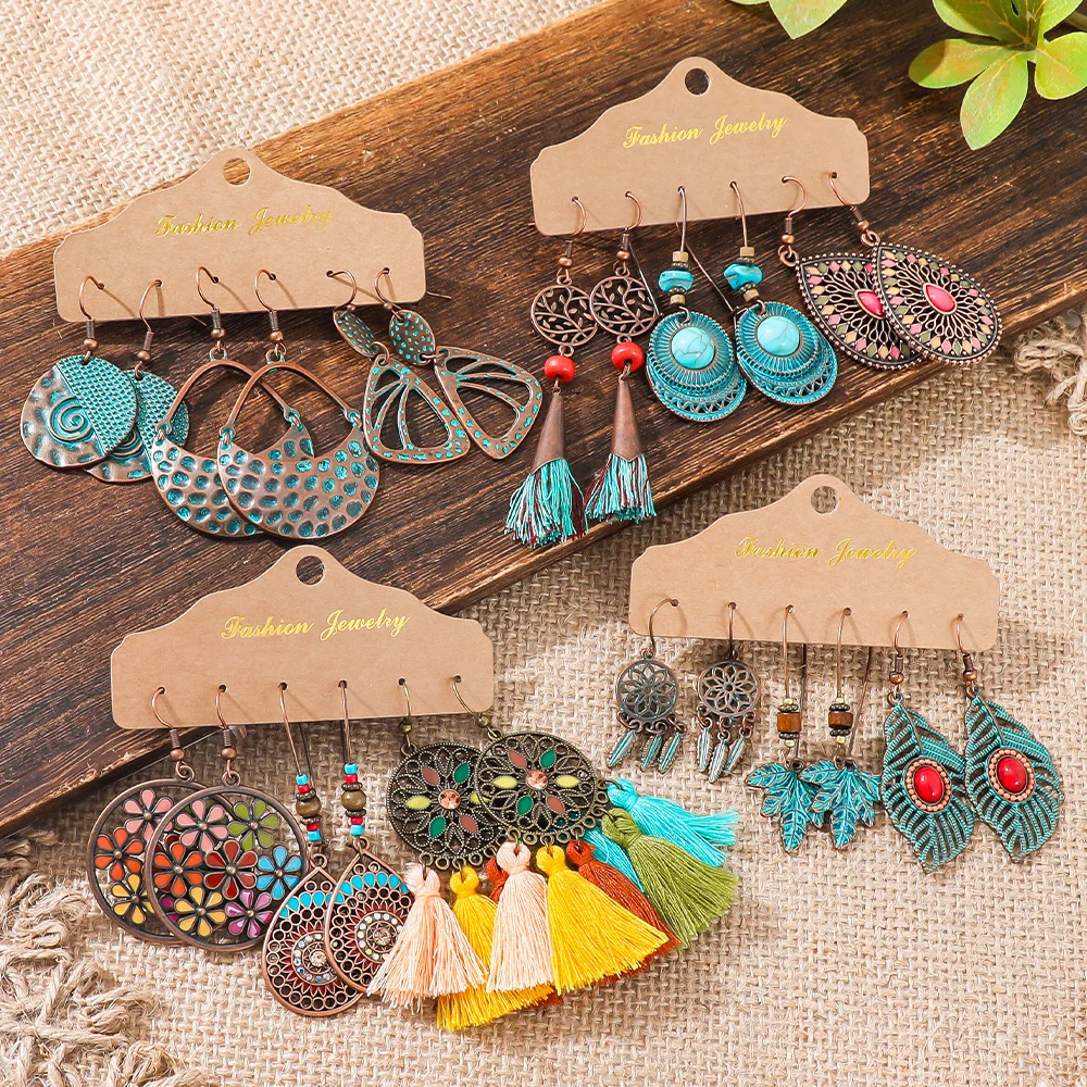 Bohemian-Style Vintage Distressed Earring Set — 3-Pair Pack of Openwork Tassel Earrings | Women's Vacation Accessories
