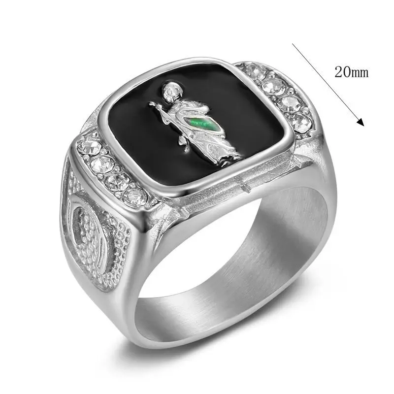 Titanium Steel Catholic Patron Saint St Benedict of Nursia Holy Medal Cross Round Finger Rings for Men Hip Hop Rapper Jewelry