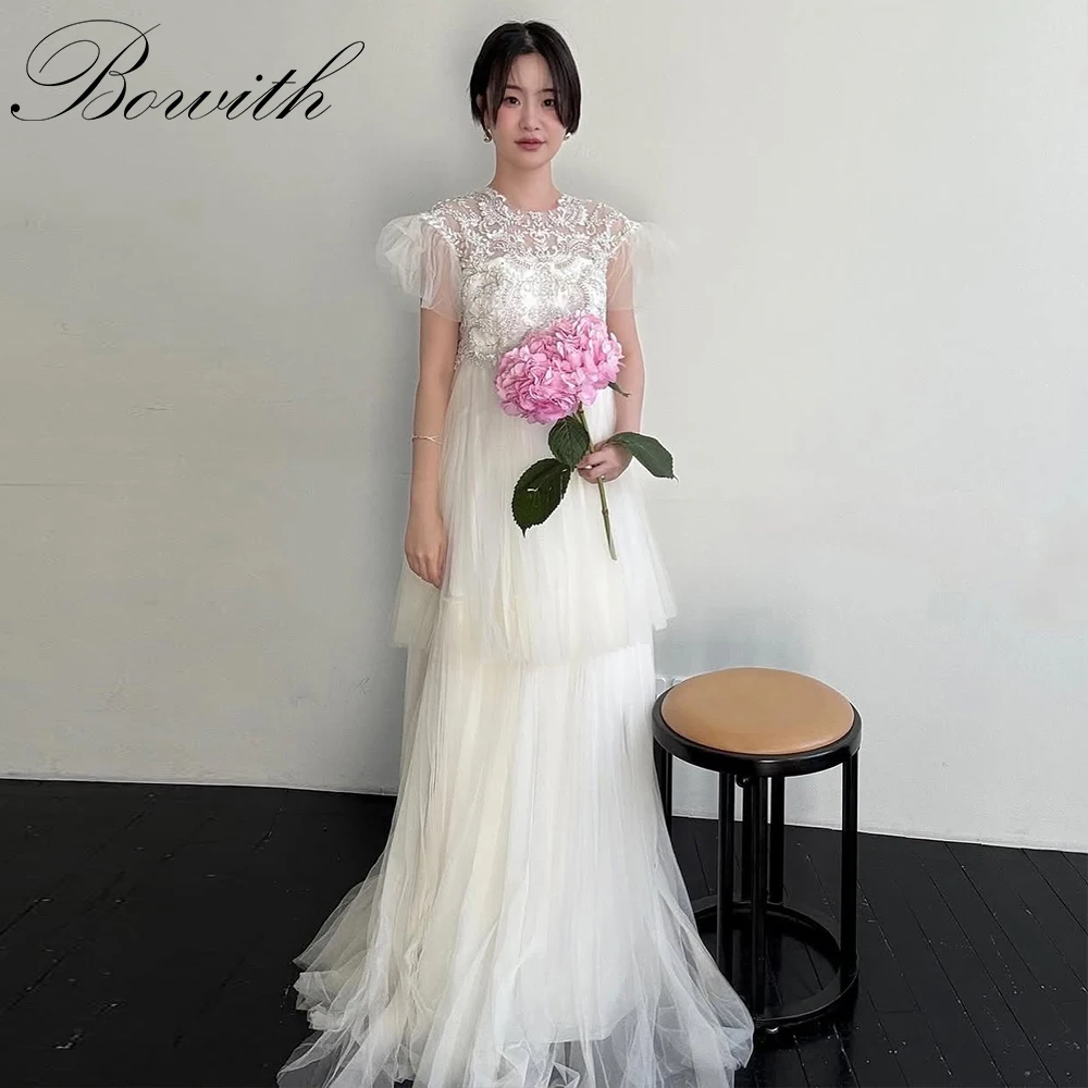 

Bowith Korean Wedding Dresses O-Neck Cap Sleeveless Bride Dress Patchwork Lace and Tulle Wedding Dresses Photo Shoot Customized