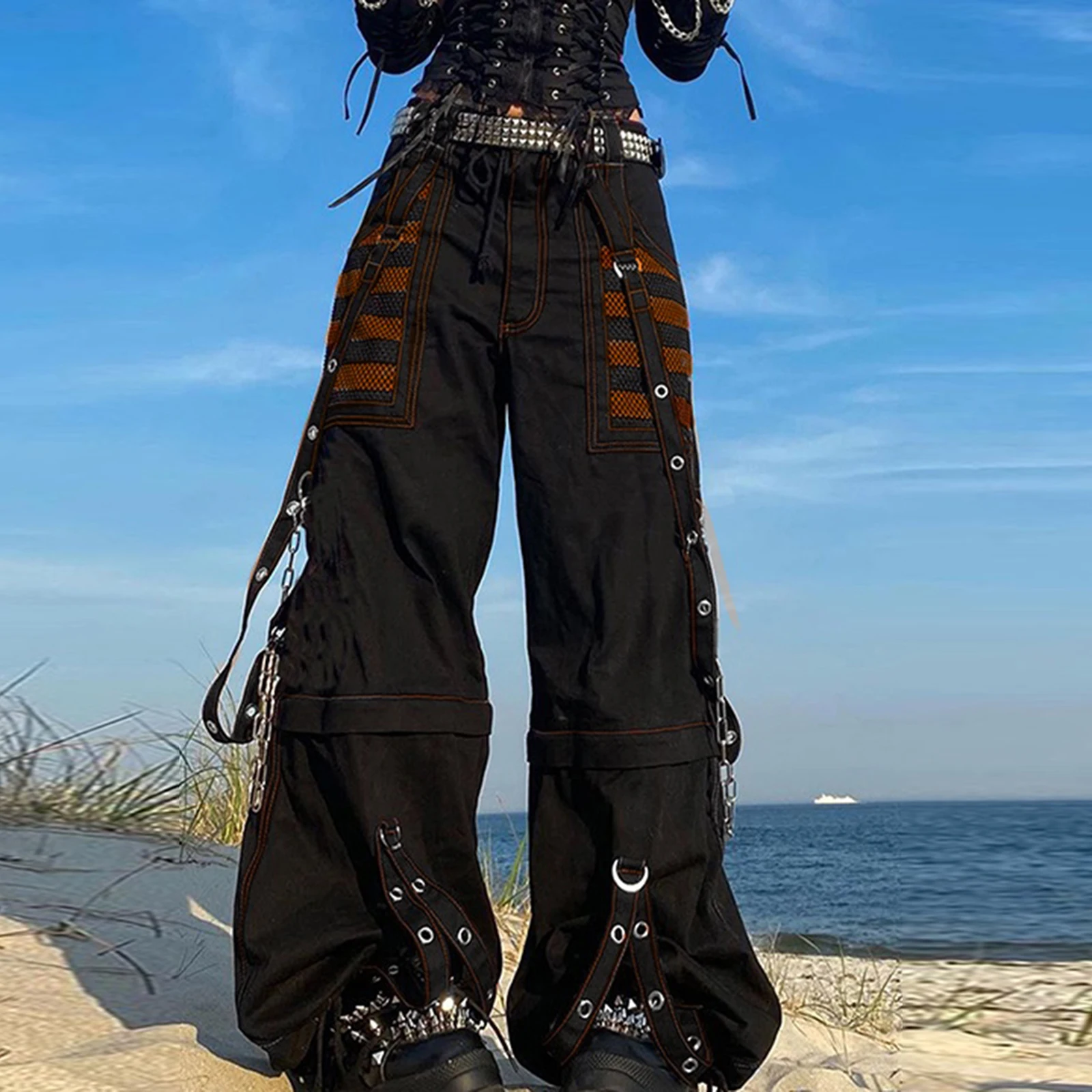 Women Loose Cargo Pants Y2K Aesthetic Gothic Graphic Trousers High Waist Buckle Chain Long Pants with Pockets Hip Hop Streetwear