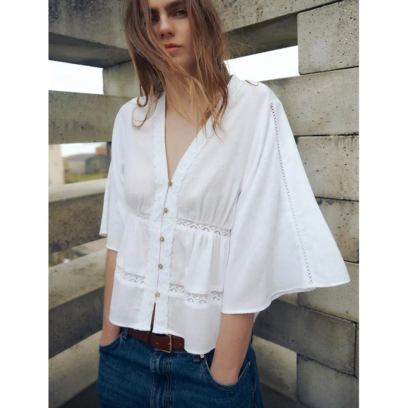 Cárdigan abierto con manga de campana blanca, cuello en V hoado, decoración de encaje Vertical, estilo de viaje, fibra de p...