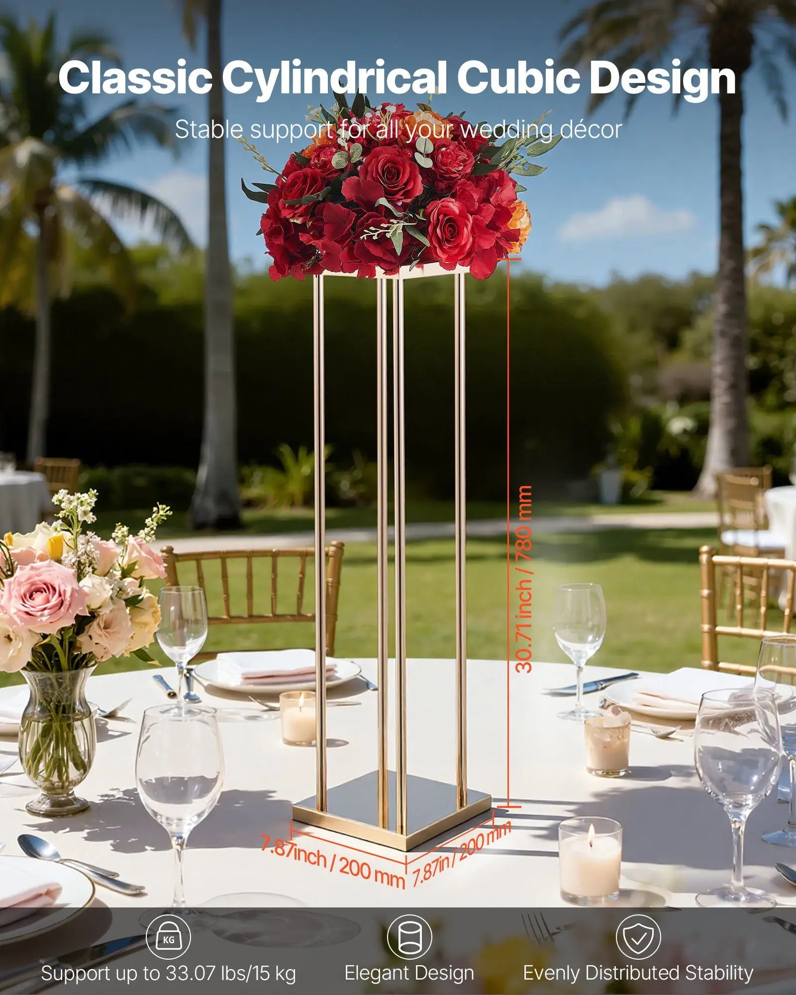 Wedding Flower Stand, 10PCS 31.5-inch Column Flower Stand, Floral Stands with Metal Laminate, Cylindrical Cubic Floral Display Rack for Wedding, Party, Birthday, Home, Gold Centerpiece Stands