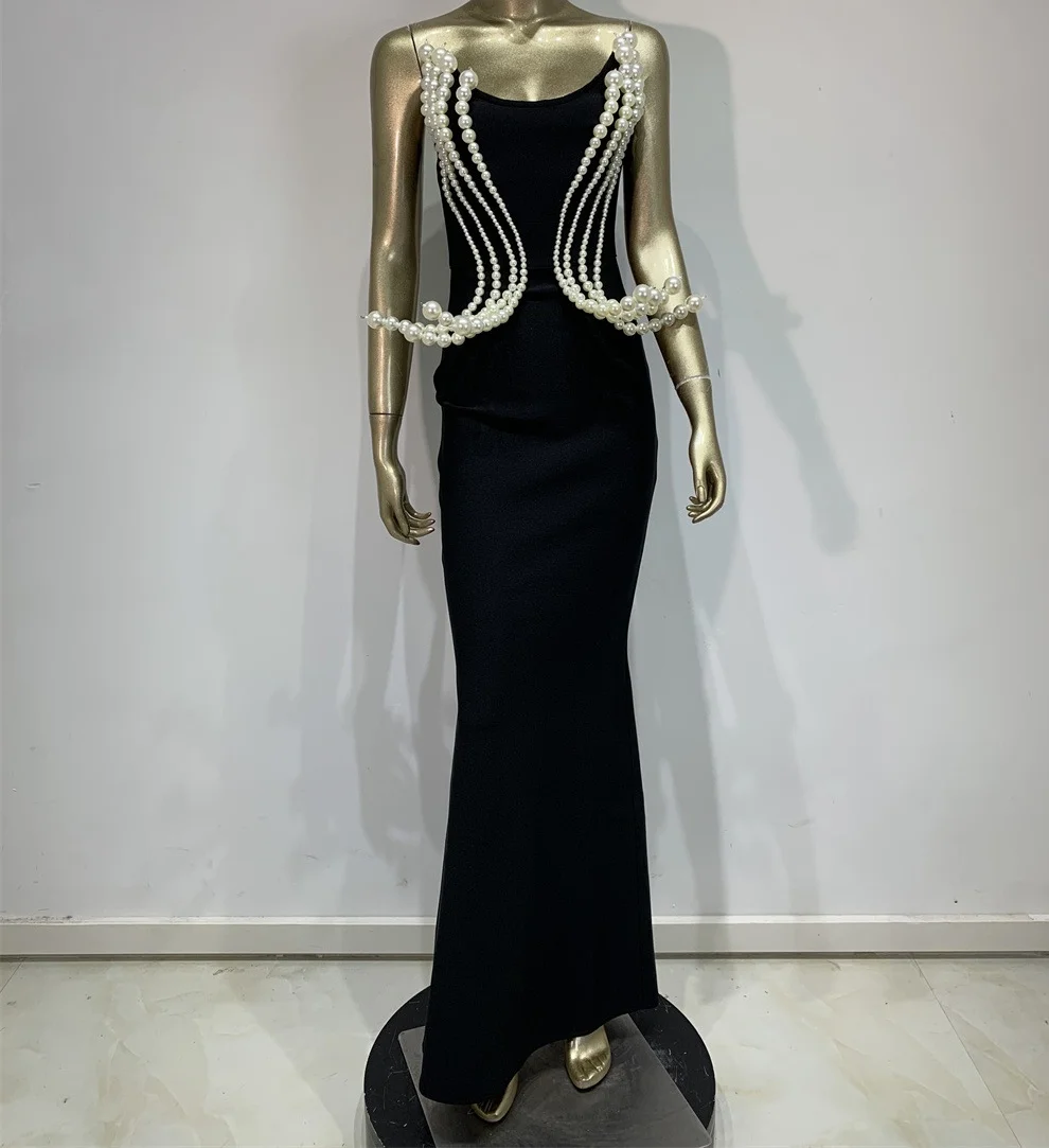 

Haute Customized sexy Temperament 3D pearl party strapless long dress Banquet socialite special occasion evening gown
