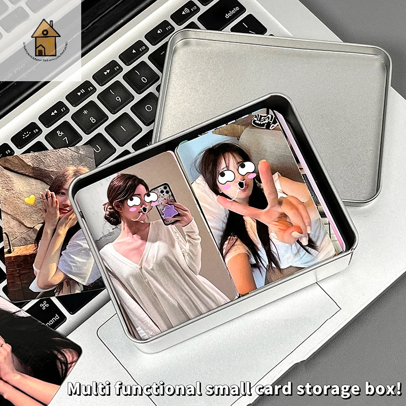 

Silvery Iron Box Flip Cover Portable Mini Photocard Storage Box Dustproof Kpop Idol Photo Card Organizer Album Case Container