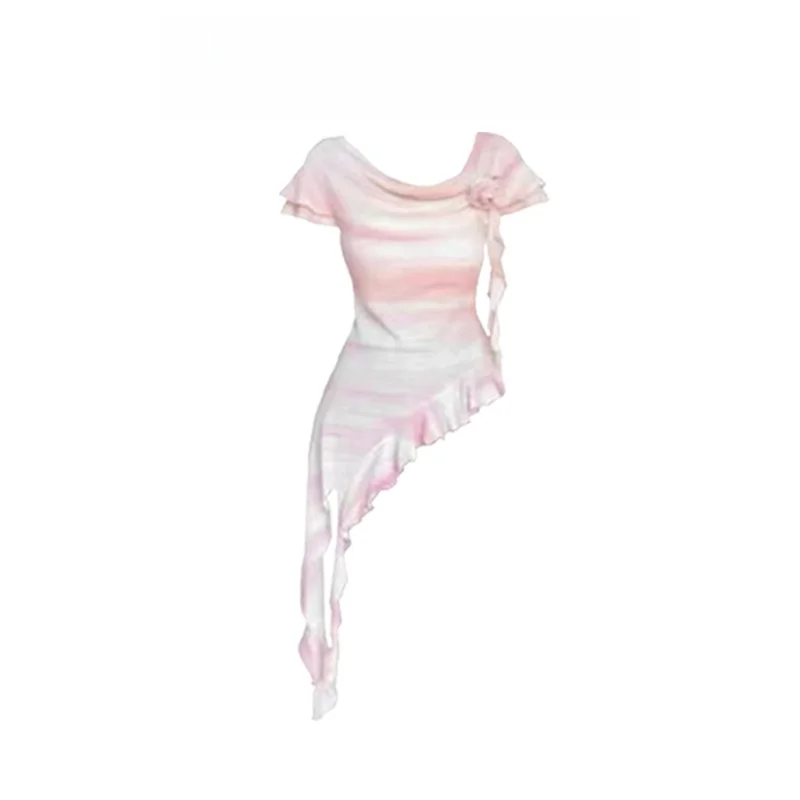 Korean Sle Summer Outfit Women's Dopane Irregular ort Sve T-irt Pink Workwear Pants Two-Piece Set Faionable Casual