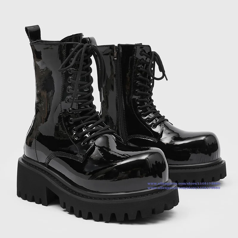 Black Patent Leather Men's Boots Thick-Soled Round Toe Lace-Up High Top Booties Luxury Designer Trendy Men's Booties Botas Mujer