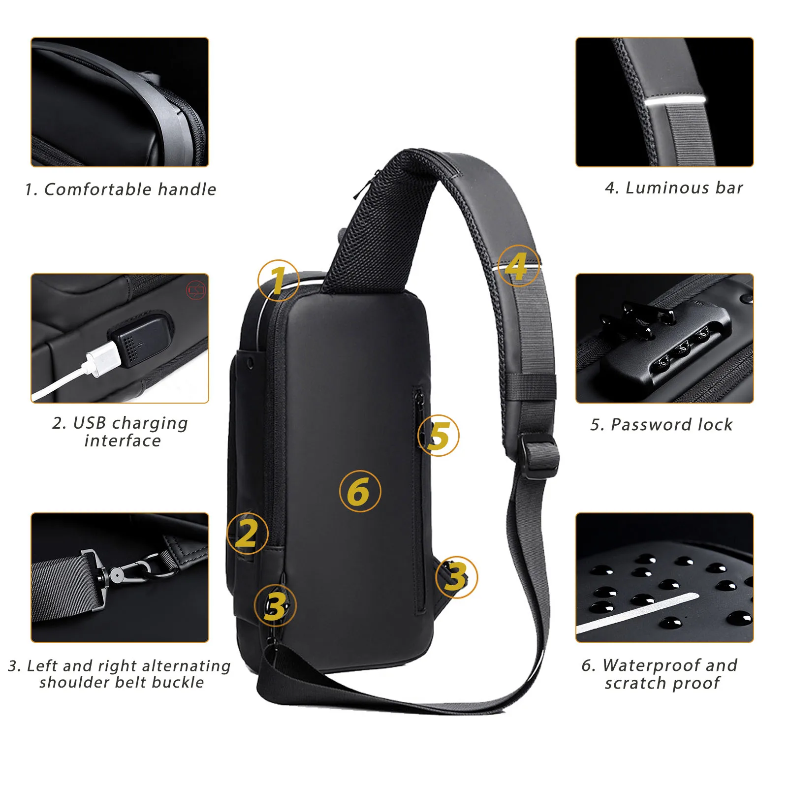 Men Anti Theft Chest Bag Shoulder Bags USB Charging Crossbody Package School Short Trip Messengers Bags Men's Oxford Sling Pack image 5