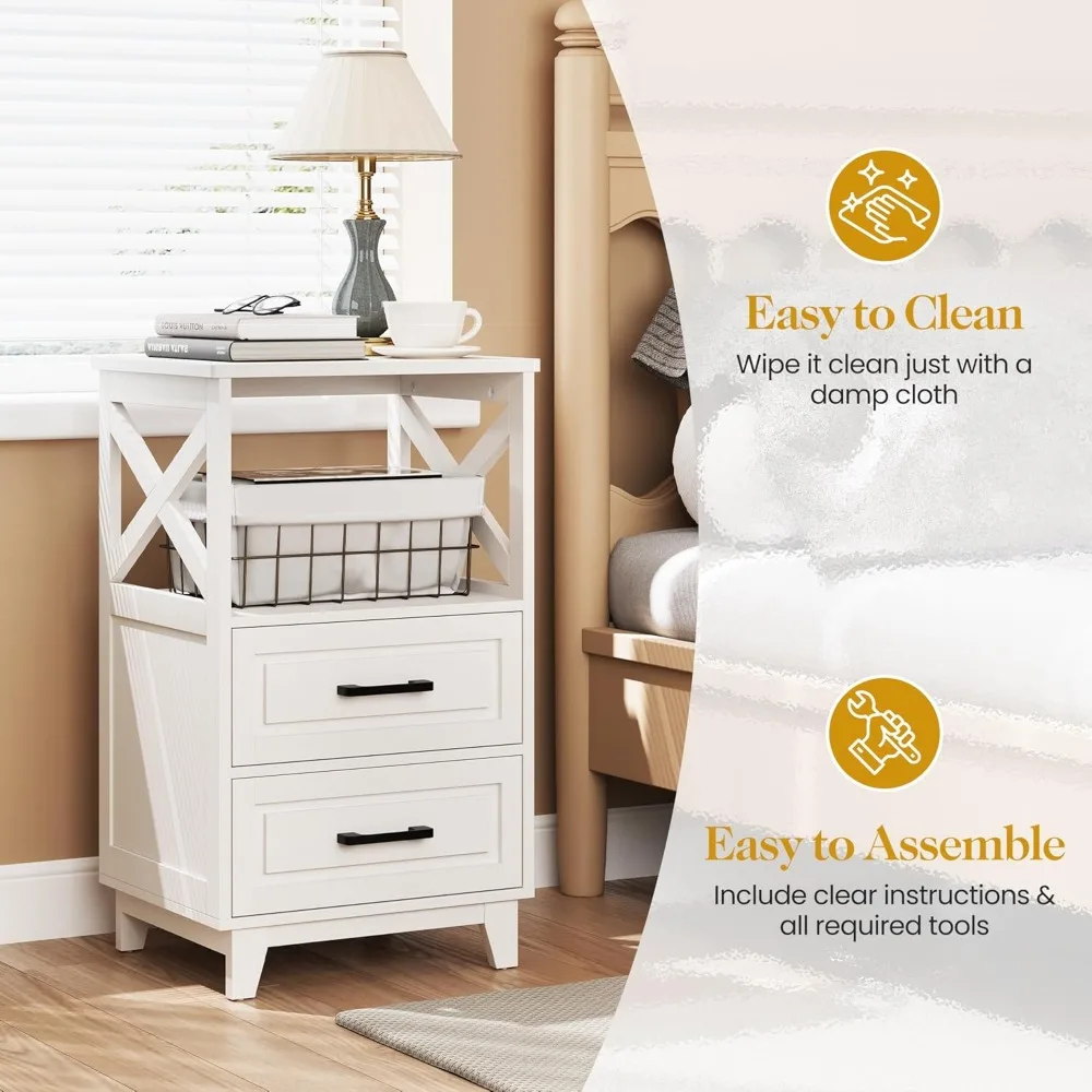 منضدة بيضاء 30 مرتفعة مع درجين ورف مفتوح، وطاولة بجانب السرير حديثة، وأرجل خشبية صلبة #3