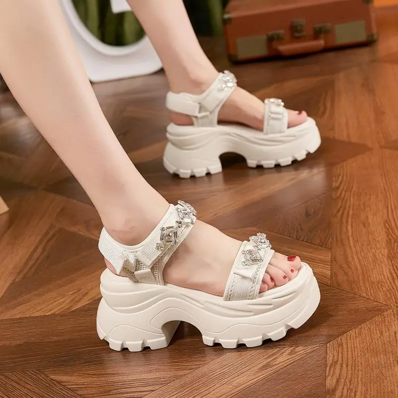

Thick Heel Sandals Women's Summer Outdoor Wear Buckle Slippers Diamond Heightening Casual Flat Heel Ultra-Leather Upgraded Sa...