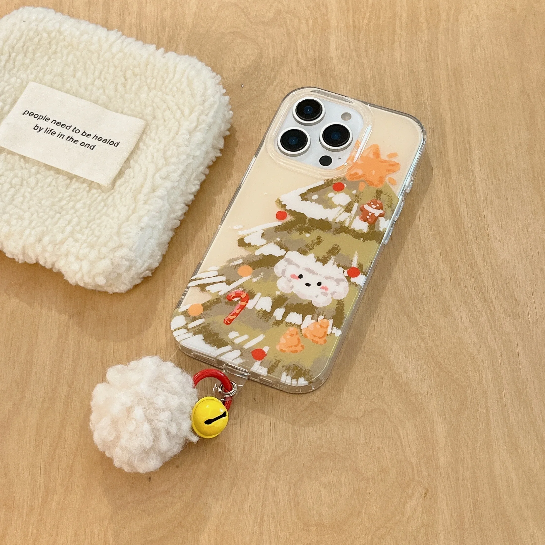 Casing HP iPhone 17 16 15 14 13 Pro Max dengan Gantungan Lonceng Pom-pom Bulu Anjing Natal