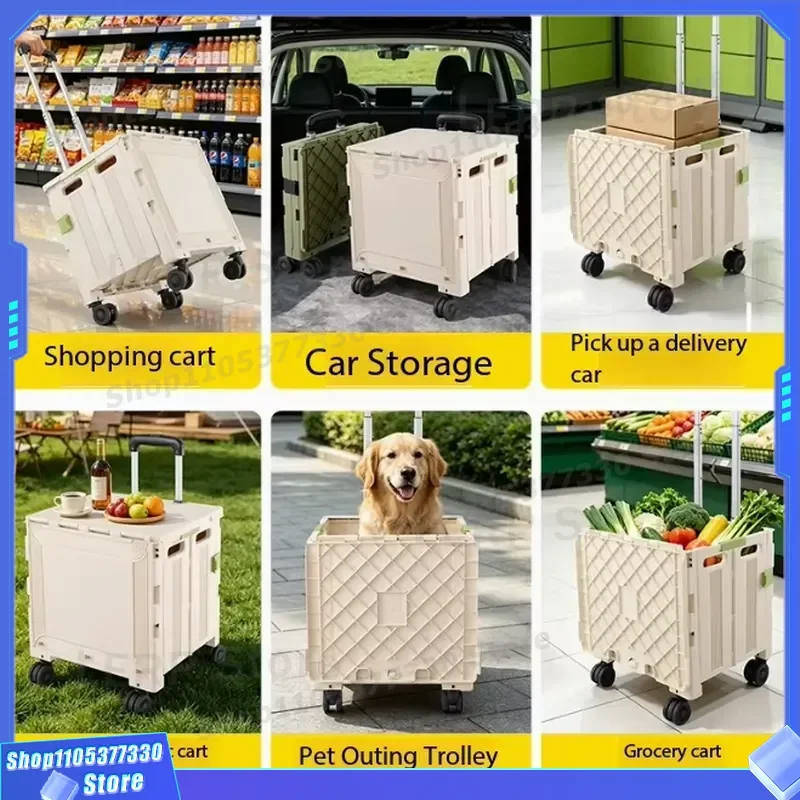 Portable Folding Utility Cart Telescopic Handle Heavy Duty Shopping Trolley for Camping Picnic Household Chores Outdoor