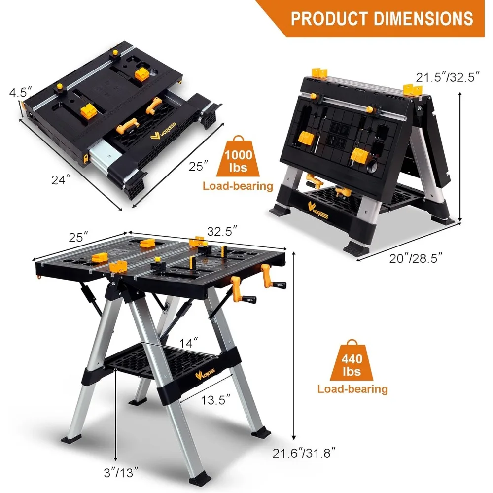 Imagem -05 - Bancada Portátil & Sawhorse Heavy Duty Mesa de Trabalho Dobrável Altura Ajustável 440lbs 1000lbs Capacidade 215 325