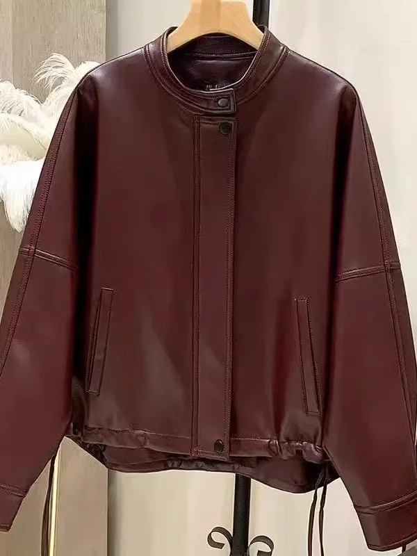 Cool Leather Jaet Women's ort eepskin Loose Slimming Large Size Sli Zipper Closure Long Sve Stand Collar Coat