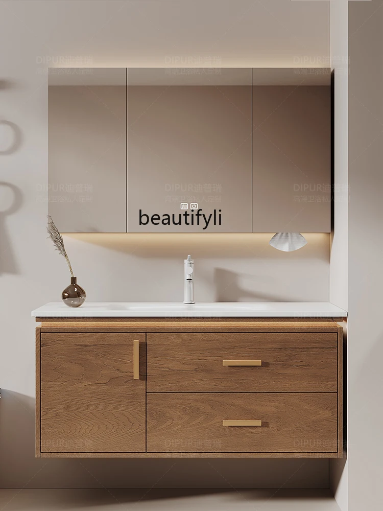 Mobiletto del bagno in quercia rossa combinazione lavabo integrato in ceramica lastra di roccia lavabo moderno